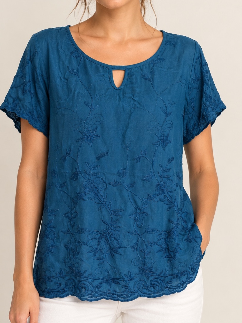 Made in Italy Blue Floral Embroidered Tunic Top